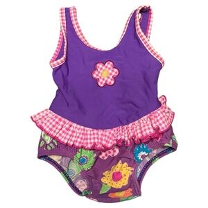 Vintage Gymboree Rainbow Tag Baby Girl Purple Floral Ruffle Swimsuit 3–6M